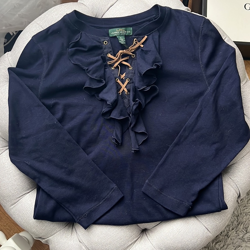 Lauren Ralph Lauren Jeans Co. Navy Blue V-Neck Ruffle Top with Brown Suede Lace